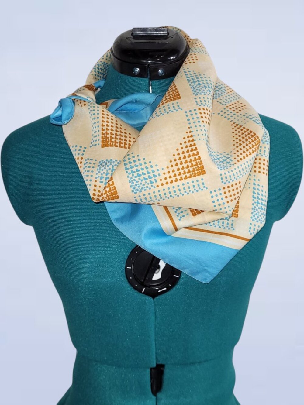 Vintage Geometric Square Scarf Cream Blue Orange Polyester Neck Wrap